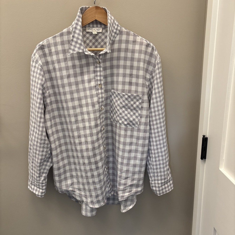 SHE + SKY Blouse Adult Small Check Purple White Front Knot Shirt Womens